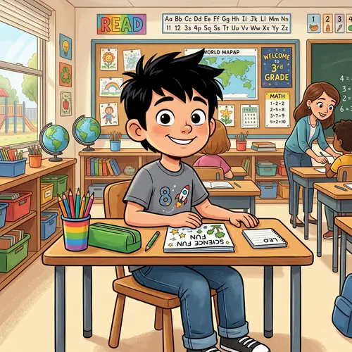 Cartoon Drawing of 8-Year-Old Boy in Classroom