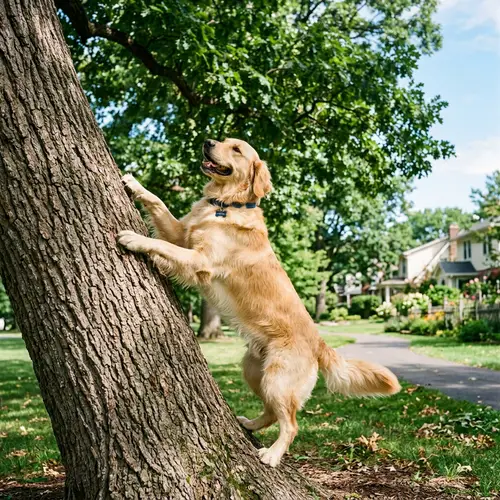 Lively Golden Retriever Climbing Tree | Serene Suburban Scene