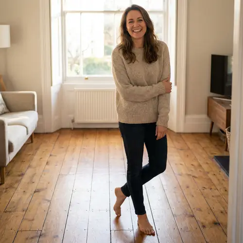 Beautiful Caucasian Woman Smiling Barefoot on Hardwood Floor