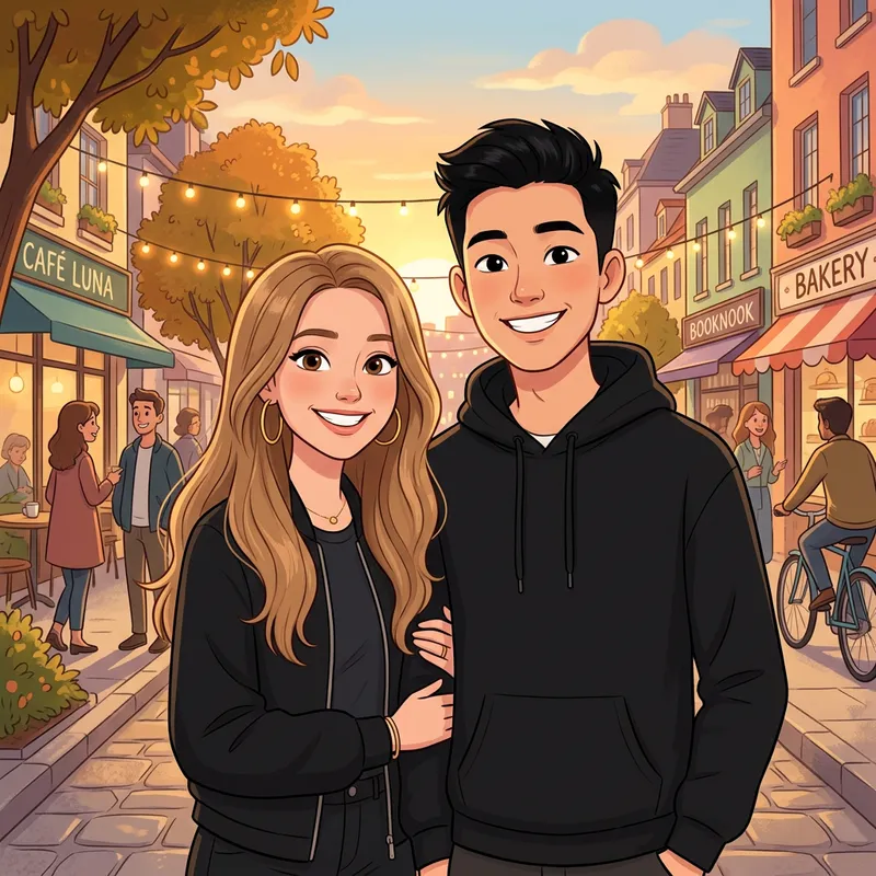 Young Woman and Man Smiling Together in Disney Pixar Style