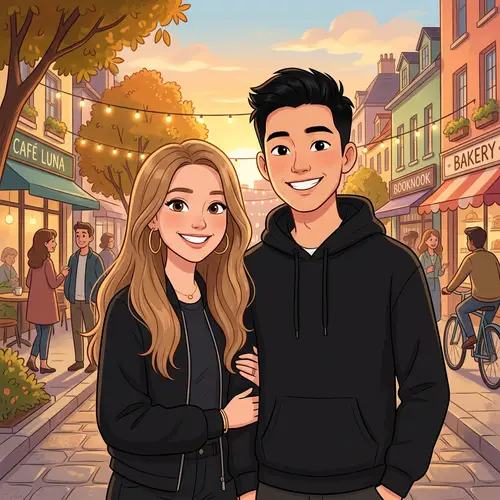 Young Woman and Man Smiling Together in Animated Style