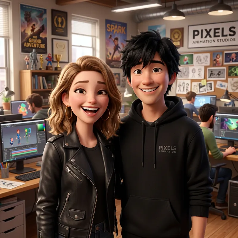 Pixar-Style Character Portrait: Young Adults in Black Attire