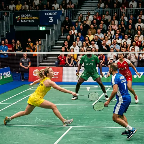 Dynamic Mixed Doubles Badminton Game - Action Shot