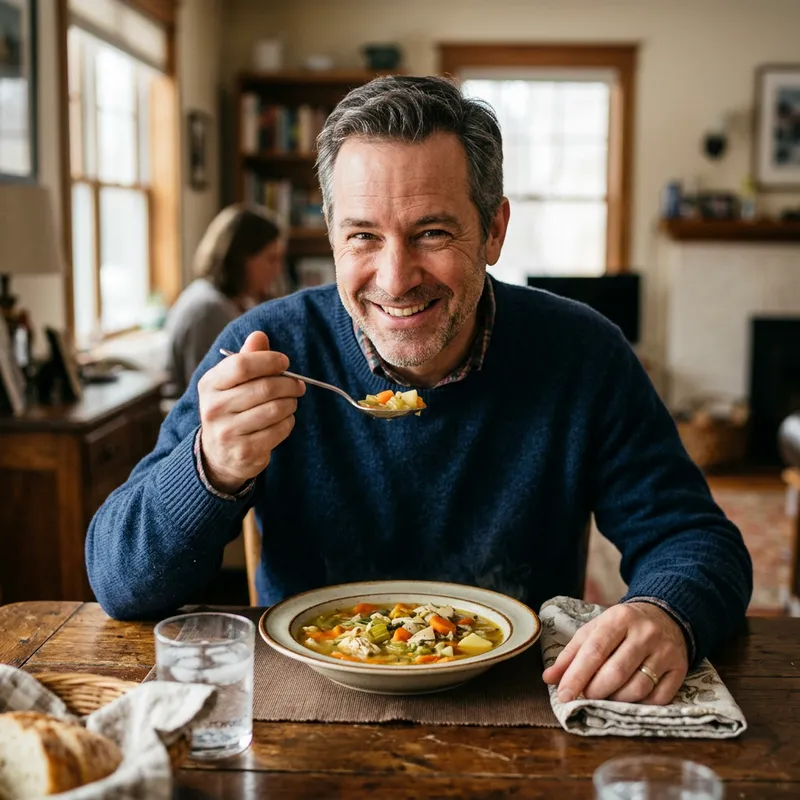 Happy Man Enjoying Soup – Photorealistic Art Happy Man Enjoying Soup – Photorealistic Art