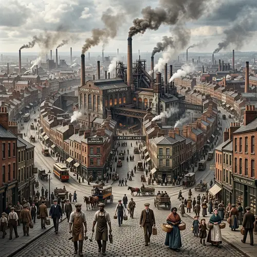 Industrial Era Cityscape with Diverse Community | Urban Factory Hub