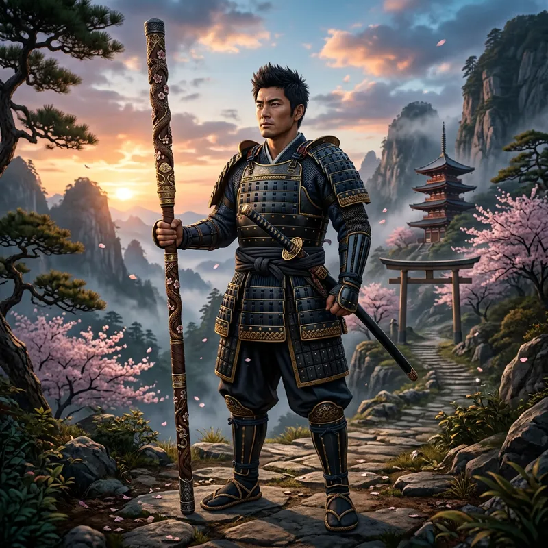 Sakuna 4K Wallpaper | Samurai Character with Ornate Staff