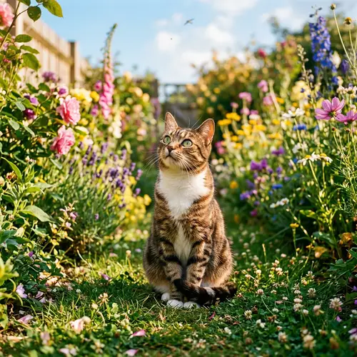 Adorable Short-Haired Cat in a Vibrant Garden