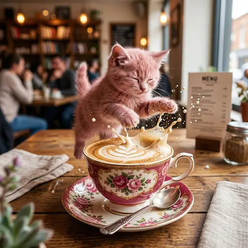 Playful Cat in Cappuccino Cup - Adorable Art