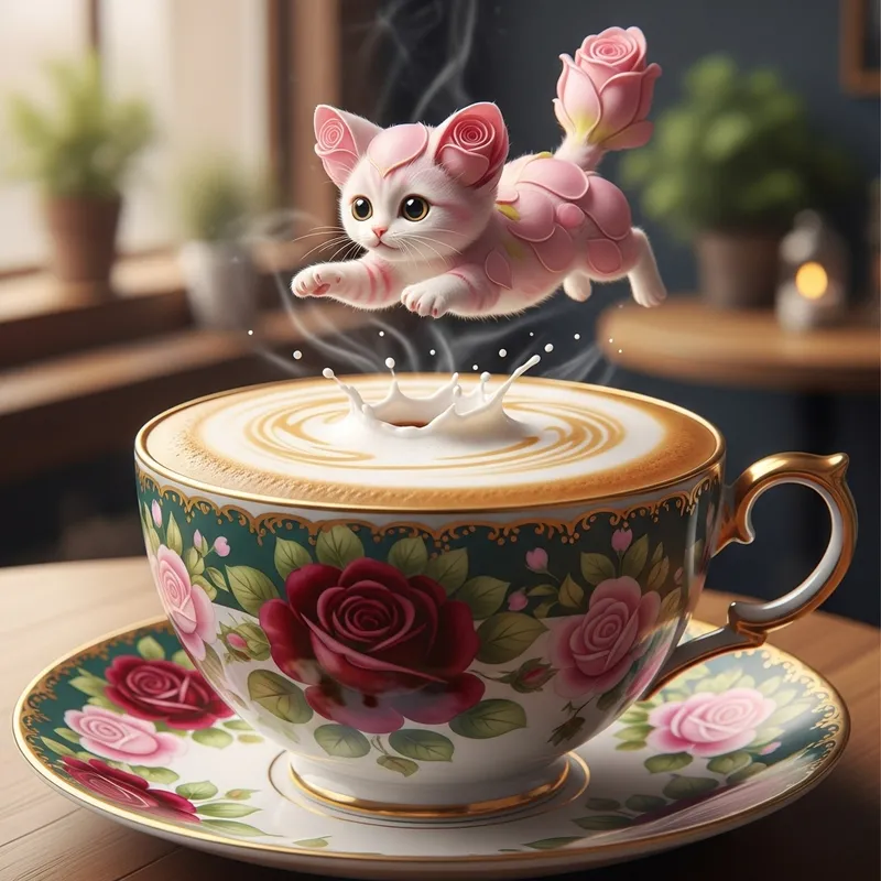Playful Cat in Cappuccino Cup - Adorable Art
