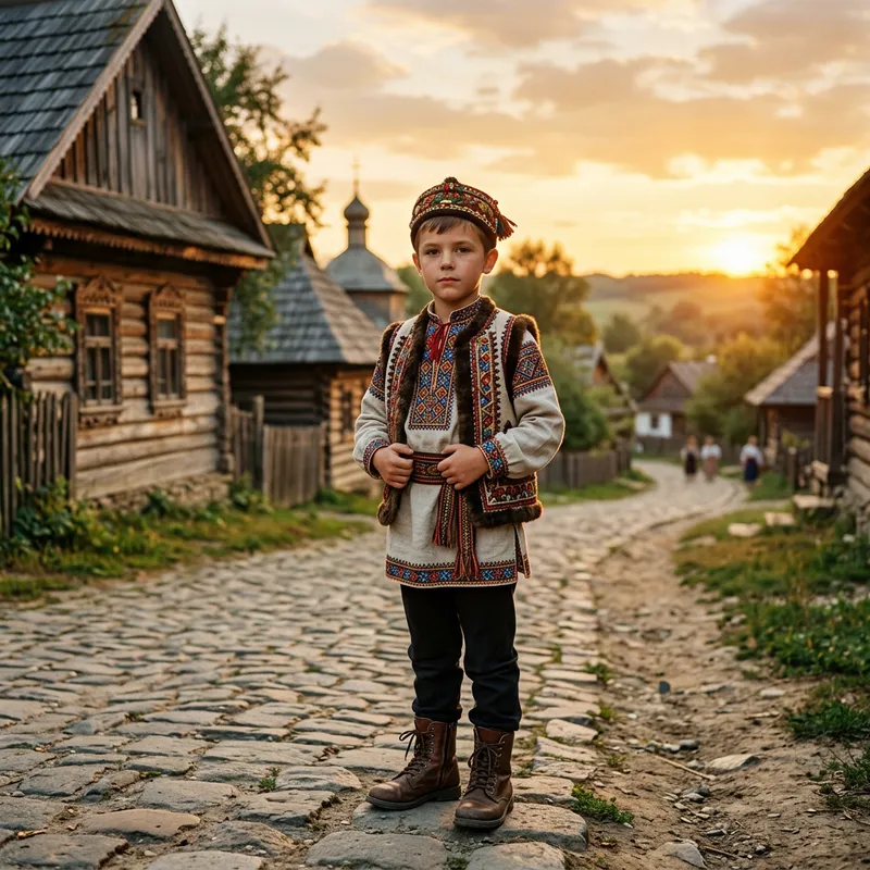 Caucasian Boy in Vibrant Eastern European Folk Attire