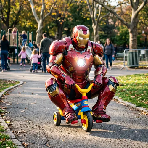 Ironman on Baby Tricycle | Funny Armored Character Riding Toy