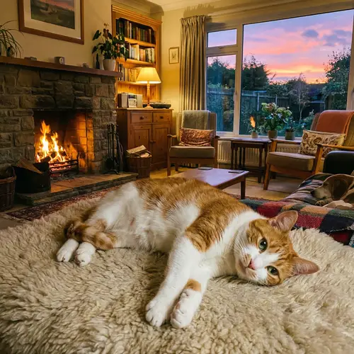 Glossy Orange and White Cat Stretching in Cozy Living Room