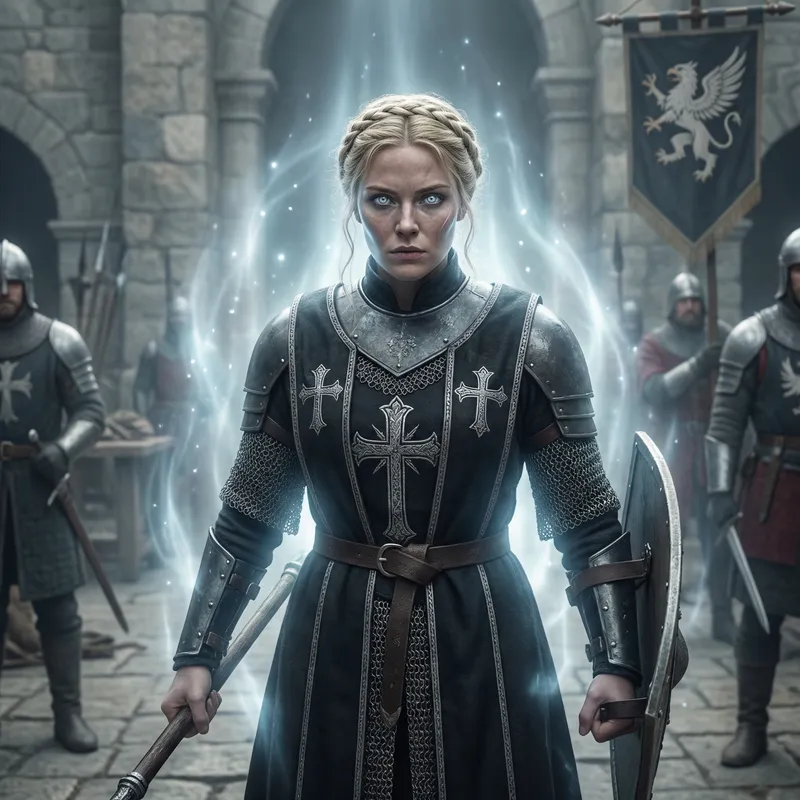 Blonde-Haired Cleric Ready for War: A Defiant Stance