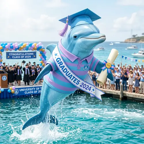 Sky-Blue Dolphin Graduates 2024 with Diploma & Grad Cap