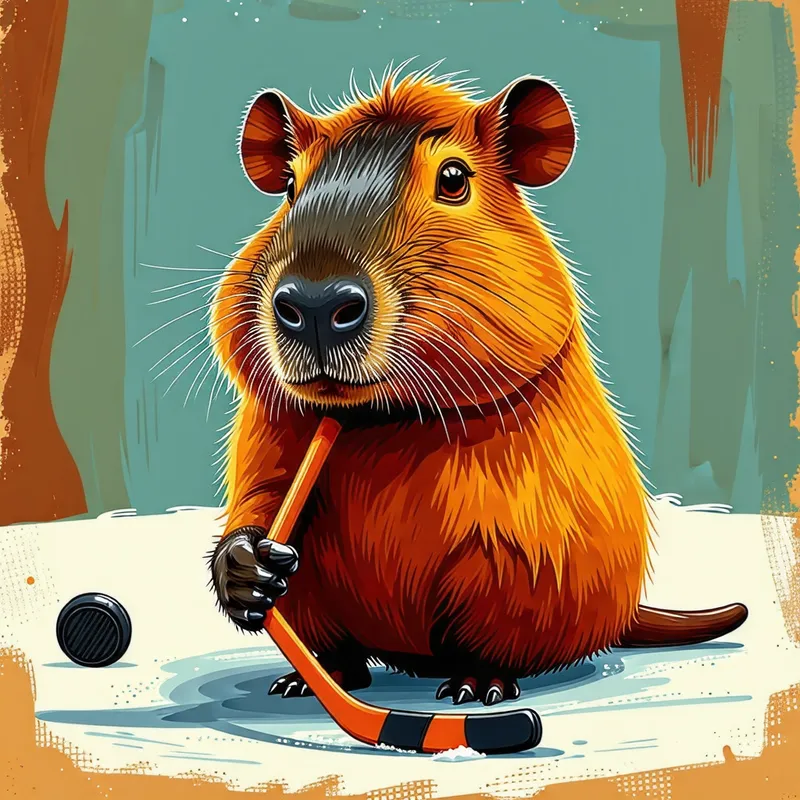 Adorable Capybara with Hockey Stick - Playful Animal Character Adorable Capybara with Hockey Stick - Playful Animal Character
