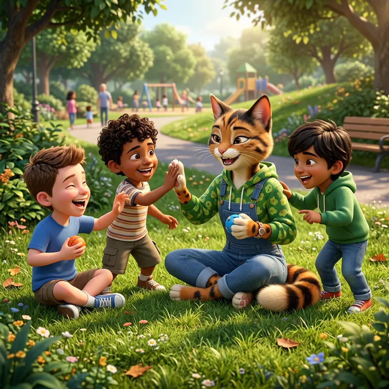 Three Boys Play with a Humanoid Cat in 3D Three Boys Play with a Humanoid Cat in 3D