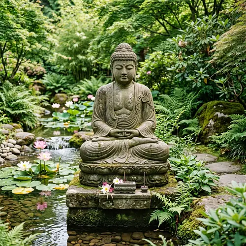 Tranquil Buddha Statue in Lush Garden Setting