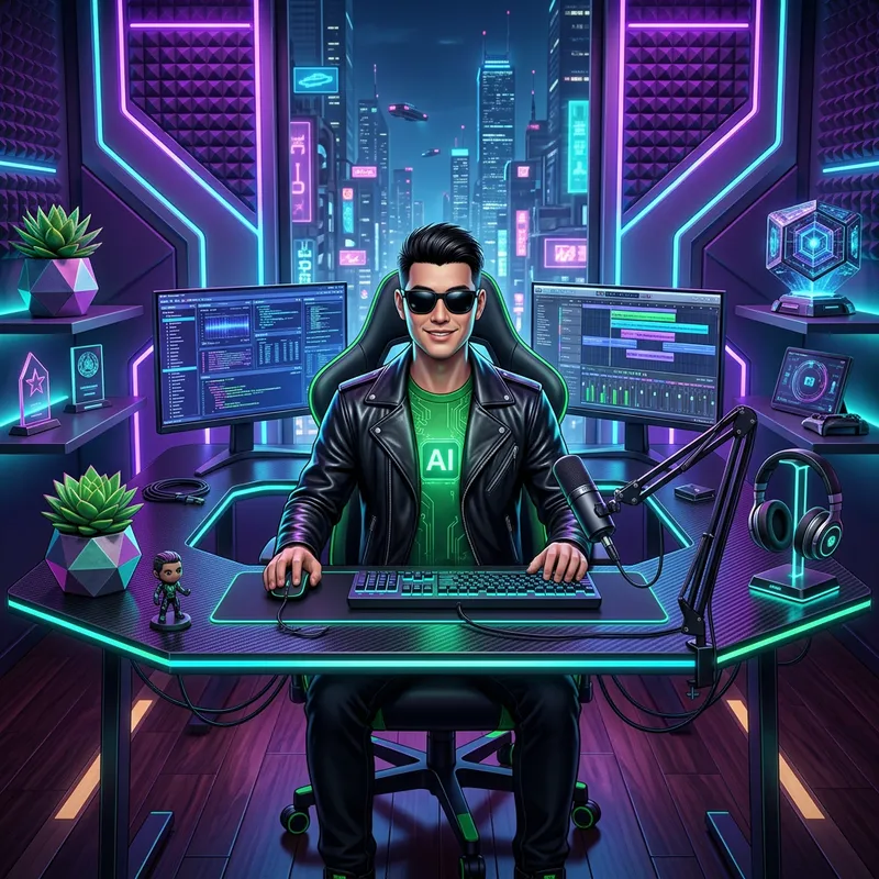 Futuristic Tech Studio Setup with AI Avatar Futuristic Tech Studio Setup with AI Avatar