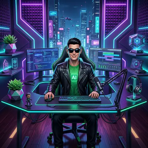 Futuristic Tech Studio Setup with AI Avatar