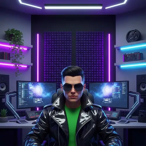 Futuristic Tech Studio Setup with AI Avatar