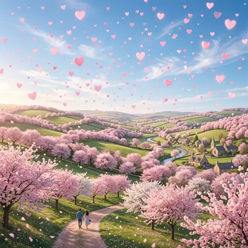 Enchanting Cherry Blossom Hills with Floating Hearts