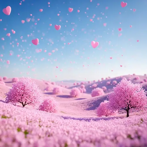 Enchanting Cherry Blossom Hills with Floating Hearts