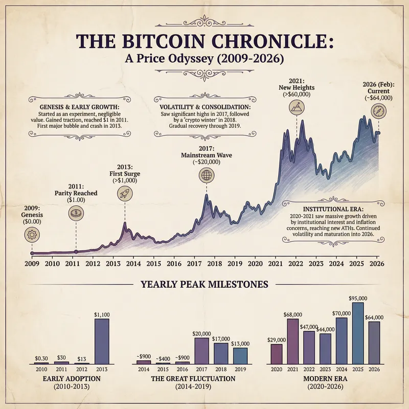 Vintage Bitcoin Price Infographic in Shades of Purple and Blue