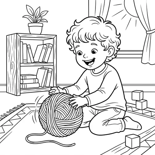 Child Playing with Woolen Ball | Vector Drawing for Printing