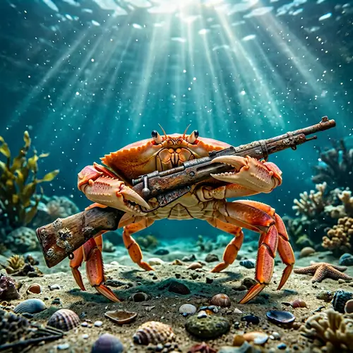 Marine Crab with Rifle - Surreal Ocean Scene