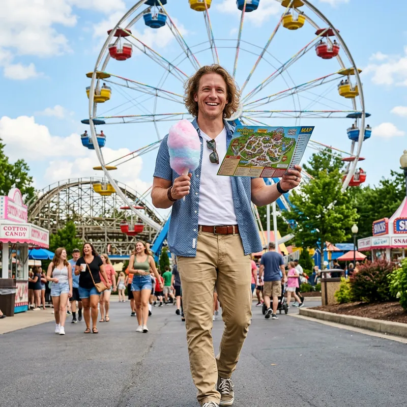 American Guy Enjoying Theme Park with Cotton Candy
