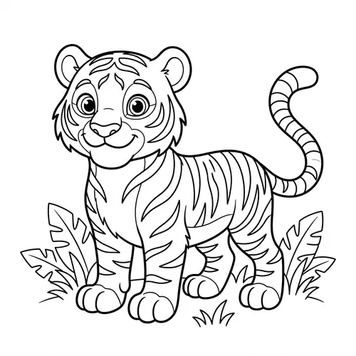 Cute Animated Tiger Coloring Page for Kids