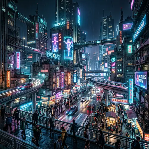 Futuristic Cyberpunk Cityscape: Neon-Lit Streets & High-Tech Architecture