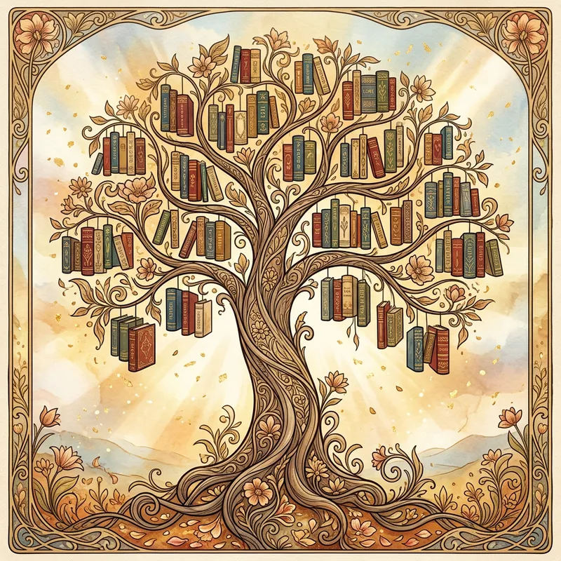 Art Nouveau Tree Silhouette with Book Decor - Intricate Line Work and Floral Motifs