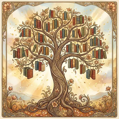 Stylized Tree Silhouette with Books - Art Nouveau Inspired