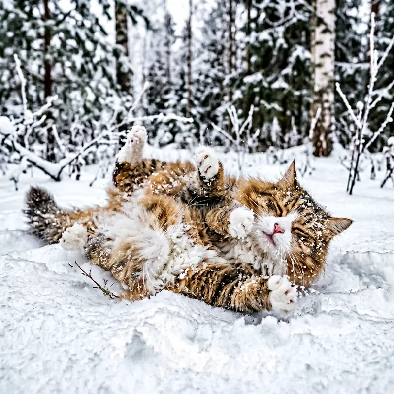 Fluffy Cat Rolling in Snow