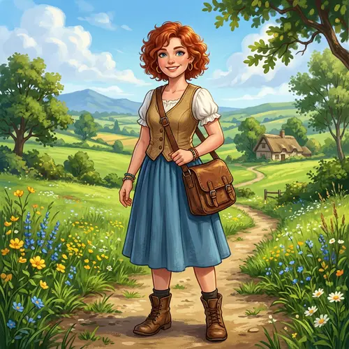 Colorful Illustration of Young Female Character with Red Curly Hair
