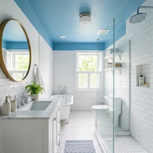 Stylish Bathroom with White Tiles and Blue Ceiling
