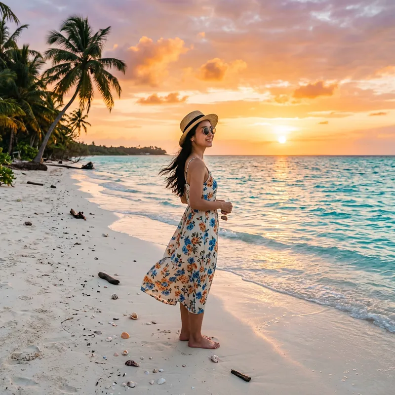 Asian Woman at Serene Beach with Sunset Scenery Asian Woman at Serene Beach with Sunset Scenery
