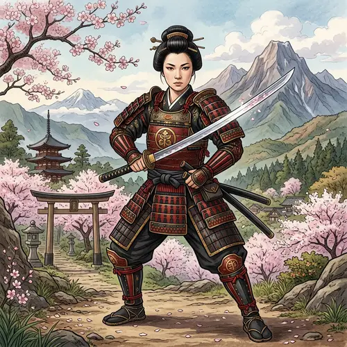 Japanese Samurai Woman with Katana Illustration