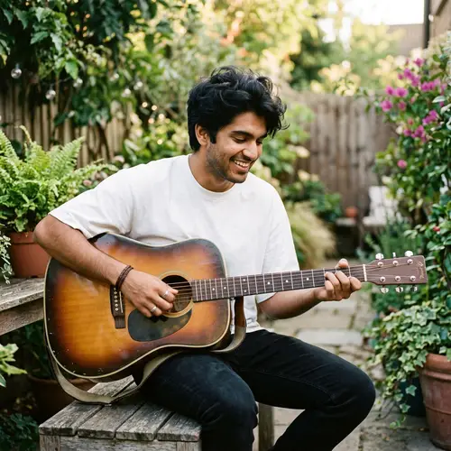 South Asian Musician with Guitar | Smiling Young Artist