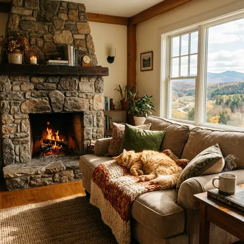 Cozy Cat on Couch with Chimney & Window