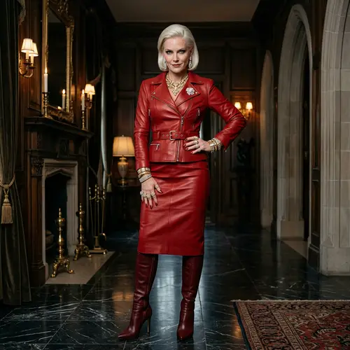 Opulent White Woman in Red Leather with Gold Jewelry
