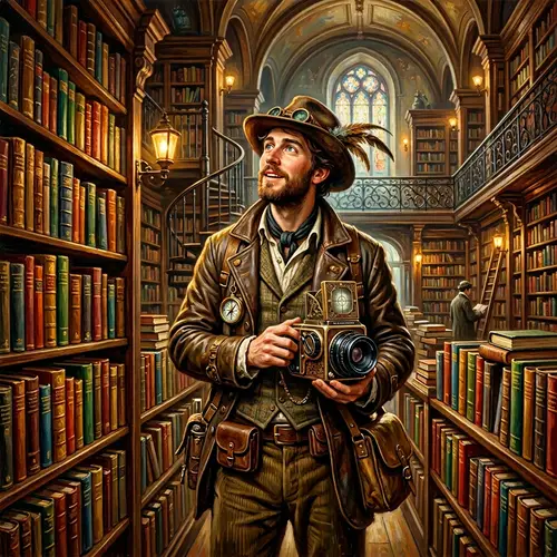 Curious Explorer in Ancient Library - Steampunk Inspired Scene