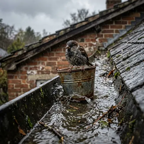 Pitiful Bird Perched on Bucket Soaring Down Gutter