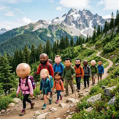 Cute Hiking Adventure: Whimsical Big-Headed Friends