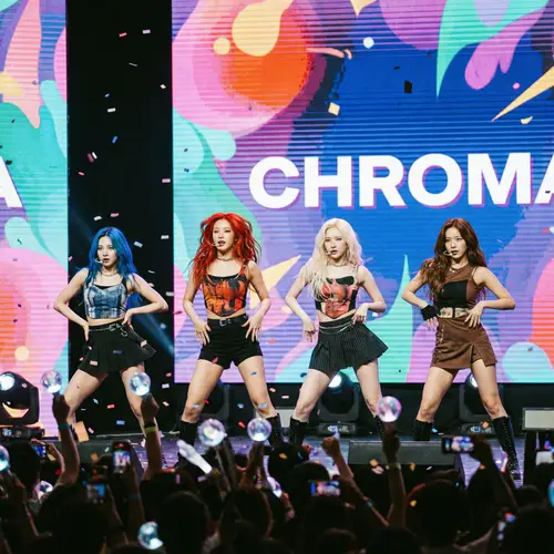 Vibrant K-Pop Girl Group with Unique Hair Colors