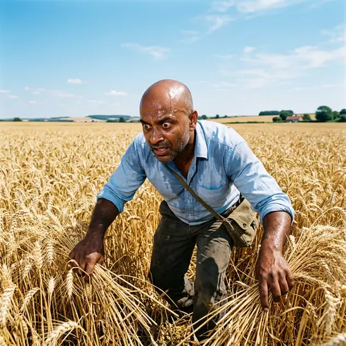 Intense South Asian Man Searching Wheat Field