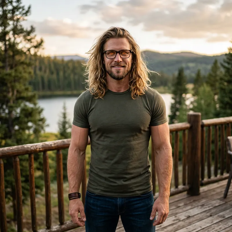 Caucasian Man with Dirty Blonde Hair and Muscular Build