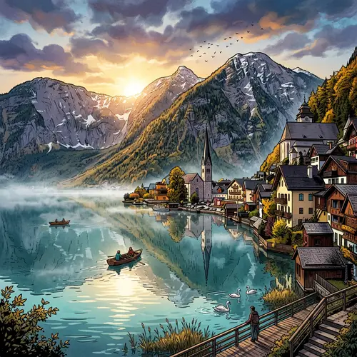 Stunning Hallstatt Sunrise: A Graphic Novel Scene