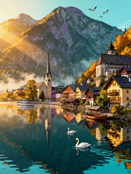 Stunning Hallstatt Sunrise: A Graphic Novel Scene